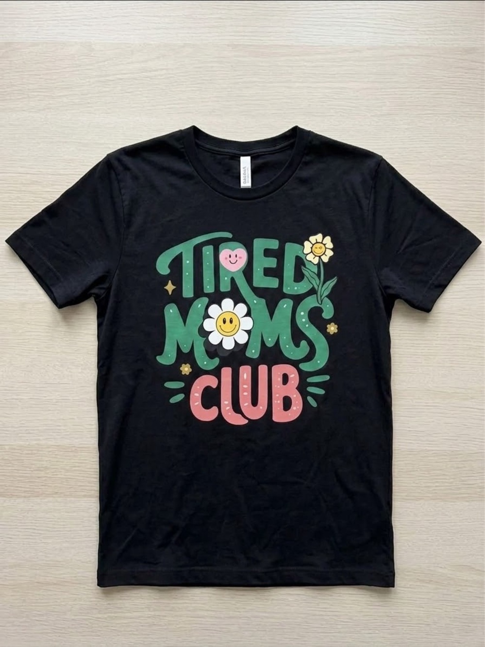 Gildan Black 'Tired Moms Club' Graphic Tee with Green & Pink Print